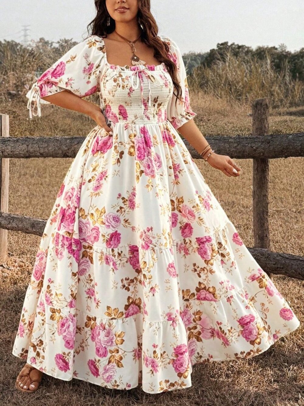 Multicolor Boho Women's Plus Size Floral short sleeve maxi Dress - Picture 6 of 7